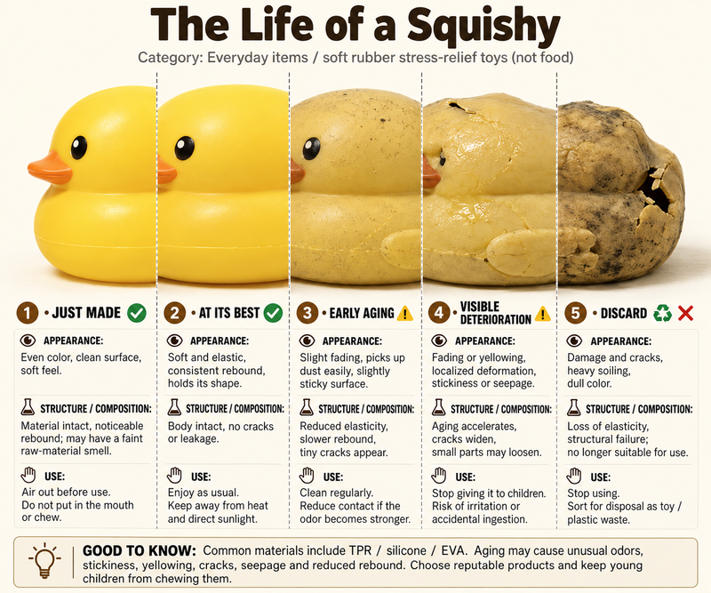 English infographic of five stages in the life of a yellow duck squishy