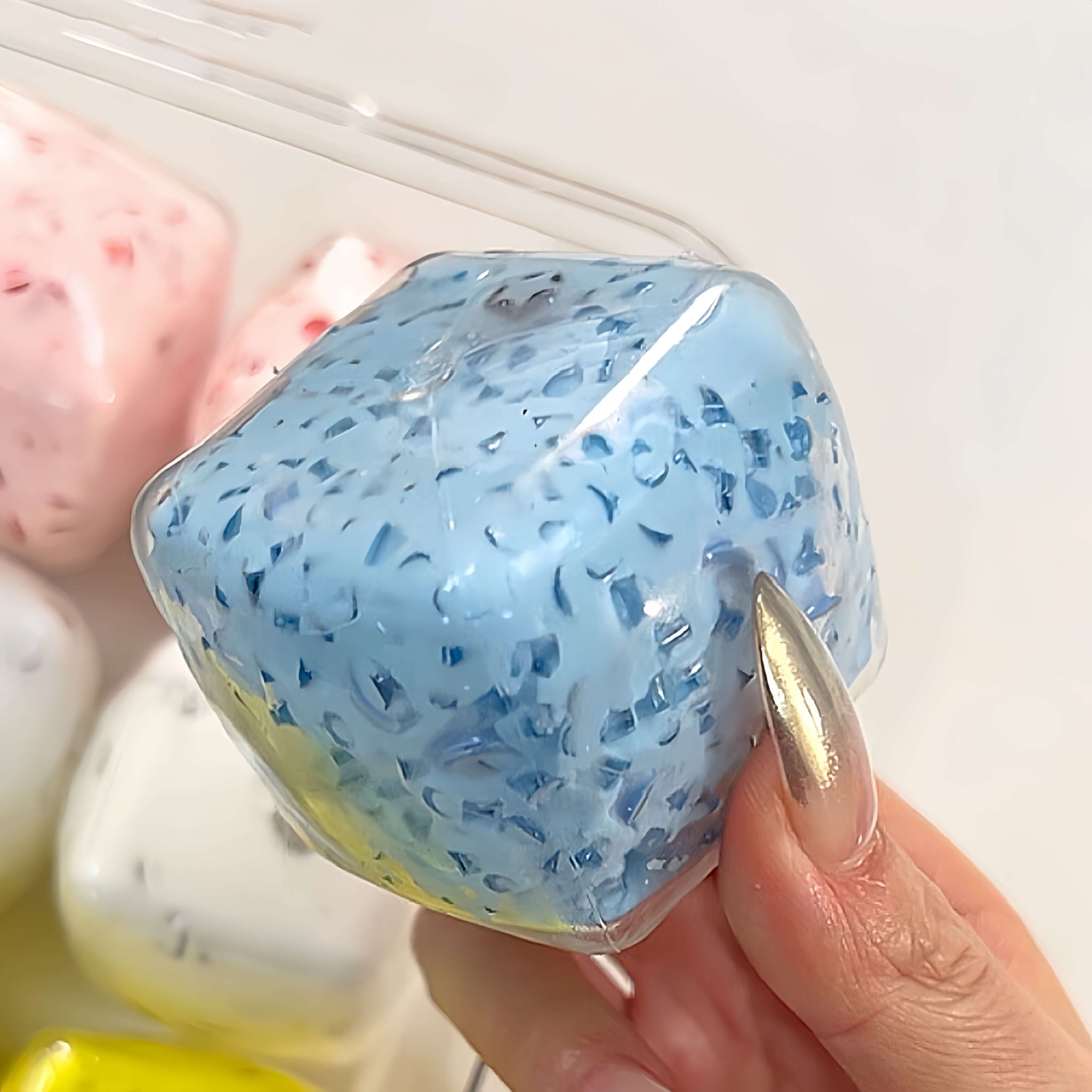 Blue square handmade freeze-dried yogurt stress ball, blueberry flavor decompression fidget toy