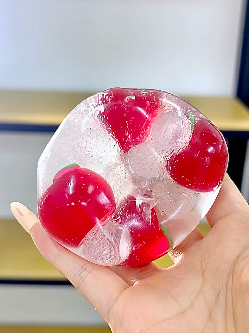 [CHIBOKI] Break the Stress Cherry Hard Candy Ball Squishy - Clear ball with red cherries for stress relief, sensory play
