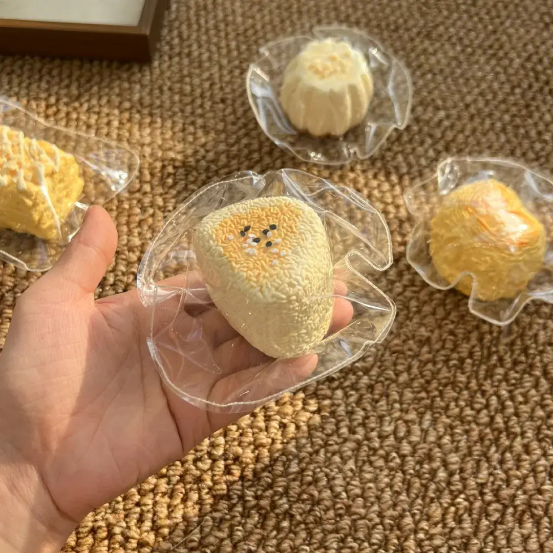 Handmade Mini Almond Pudding Squishy | Realistic Dessert Silicone Fidget Toy Double-Layer Rice Ball (approx. 105g)