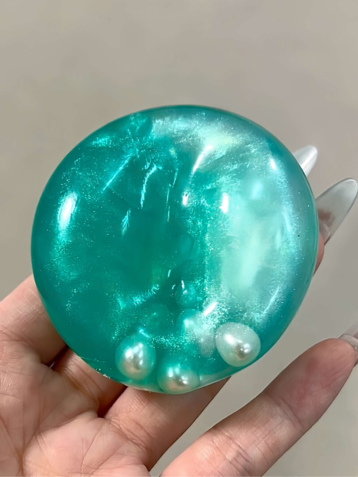 CHIBOKI multicolor candy flash-burst handmade stress ball, lake green pearl, soft squishy with embedded pearls for stress ...