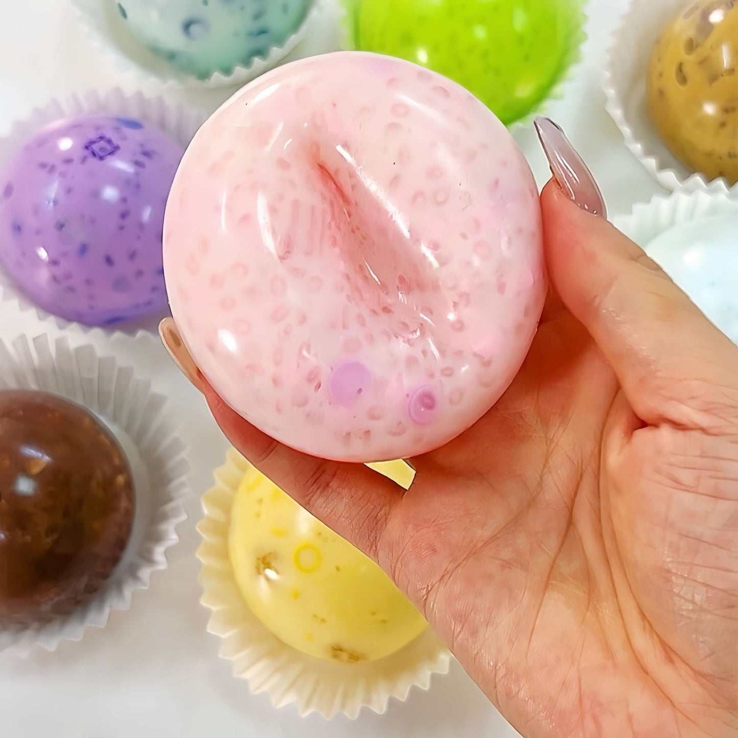 CHIBOKI handmade peach boba cream stress relief squishy ball - soft, non-toxic, great for sensory play.