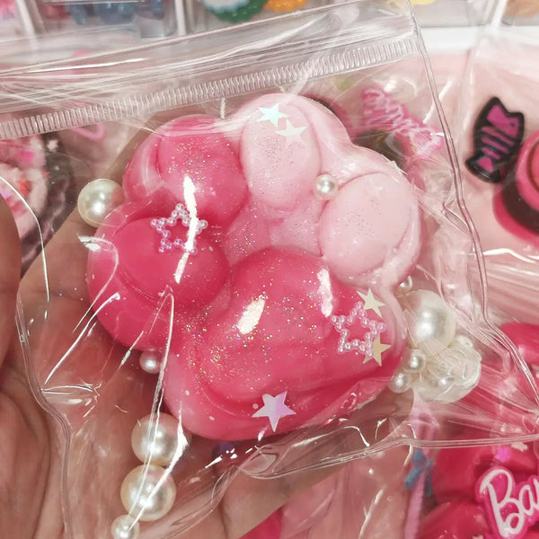 Lovesquishy rose pink gradient cat paw squishy with glitter decorations