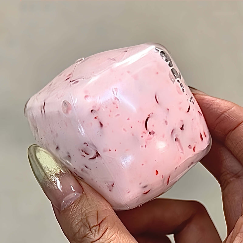 Pink square handmade freeze-dried yogurt stress ball, strawberry flavor decompression fidget toy
